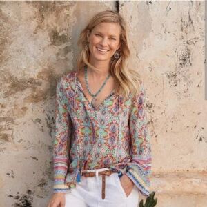 Sundance 100% modal multicolor colorful print tassled Andalusia blouse size XL